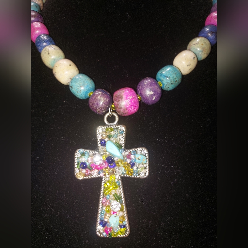 Colorful Jeweled Cross with Beaded Necklace  0241